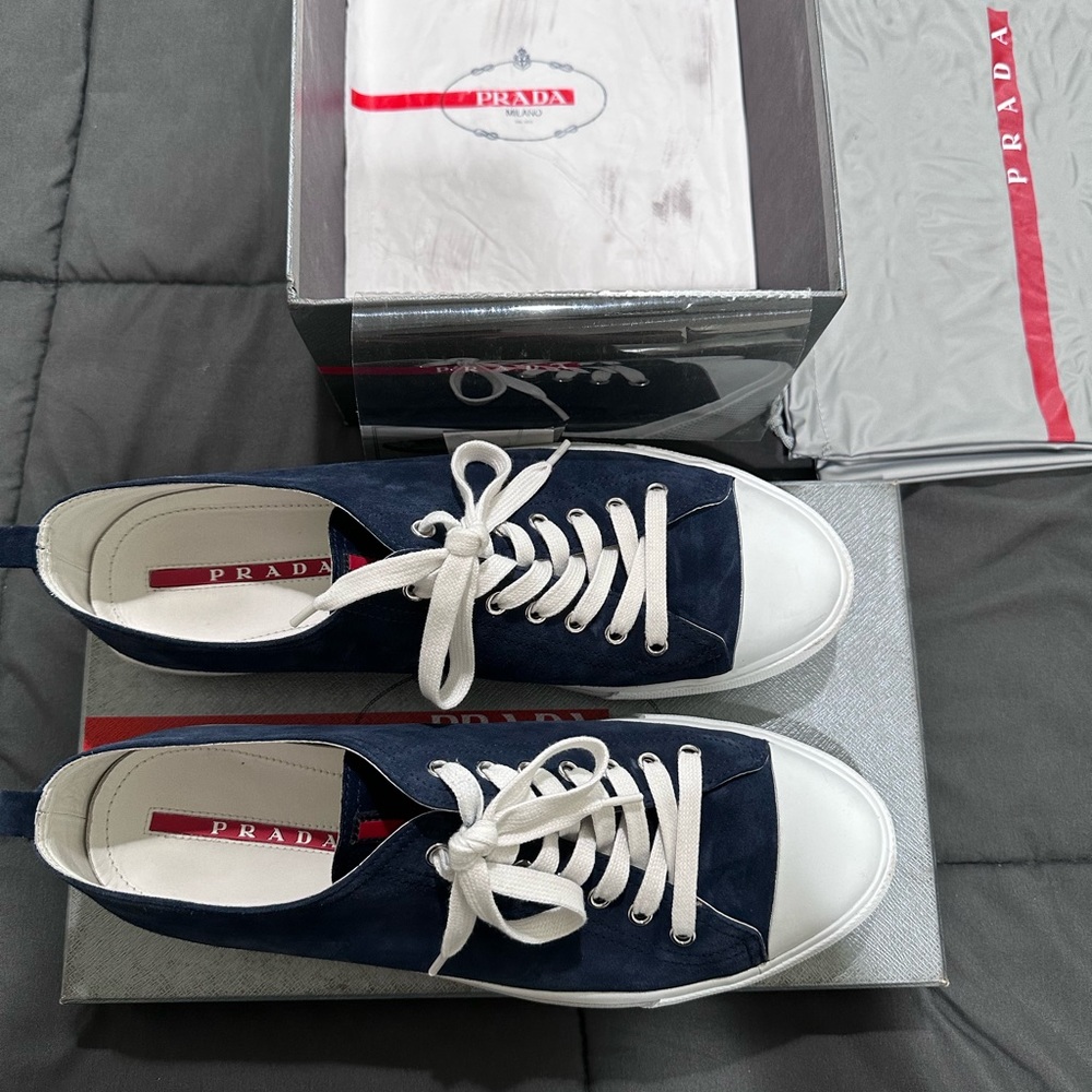 Prada Men's Suede Leather Lace Up Flat Sneaker Shoes